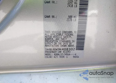 2024 Nissan Altima Sl Intelligent Awd из США, поврежденный, VIN 1N4BL4EW2RN408302